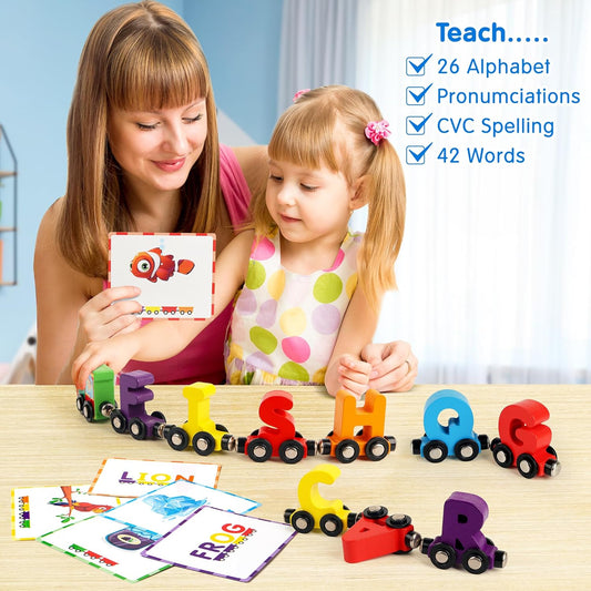 Helsort 27 PCS Magnetic Wooden Alphabet Train Set, ABC Learning Toy with 42 Flash Cards, 1 Engine and Storage Bag, Educational Letter Toy Trains for Toddlers, Boys Girls, Ideal Gift for 3-7 Year Olds