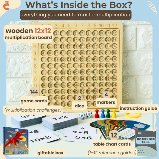 Multiplication Games, 12x12 Wooden Montessori Multiplication Board Game, Larger Size Times Table, Montessori Math Learning Materials, Educational Toy for Toddlers, Preschool Gifts for Kids