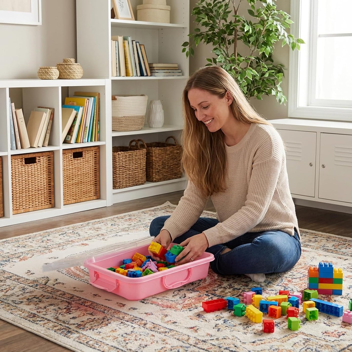 3 Pack Plastic Sensory Bins, Portable Clear Lid Sandbox Container with Handle 15 Stickers, Large Sand Water Play Tray Crafts Organizers for Sand, Water, Beads (Blue, Green, Pink)
