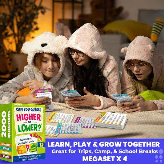 QUOKKA Trivia Board Games for Kids and Adults – Family Board Games for Family Game Night – Higher or Lower Trivia Cards for Kids 8-12 – Guess Fun Questions – Educational Card Game for Families&Teens