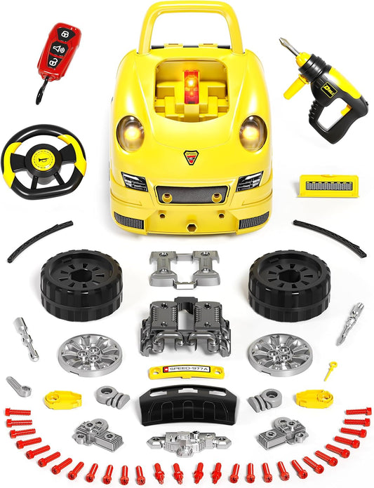 Deejoy Large Truck Builder Kit for Toddlers 3-5, Kids Mechanic Workshop Set with Light and Sound, Removable Engine, Yellow, 15.3x18.7inch