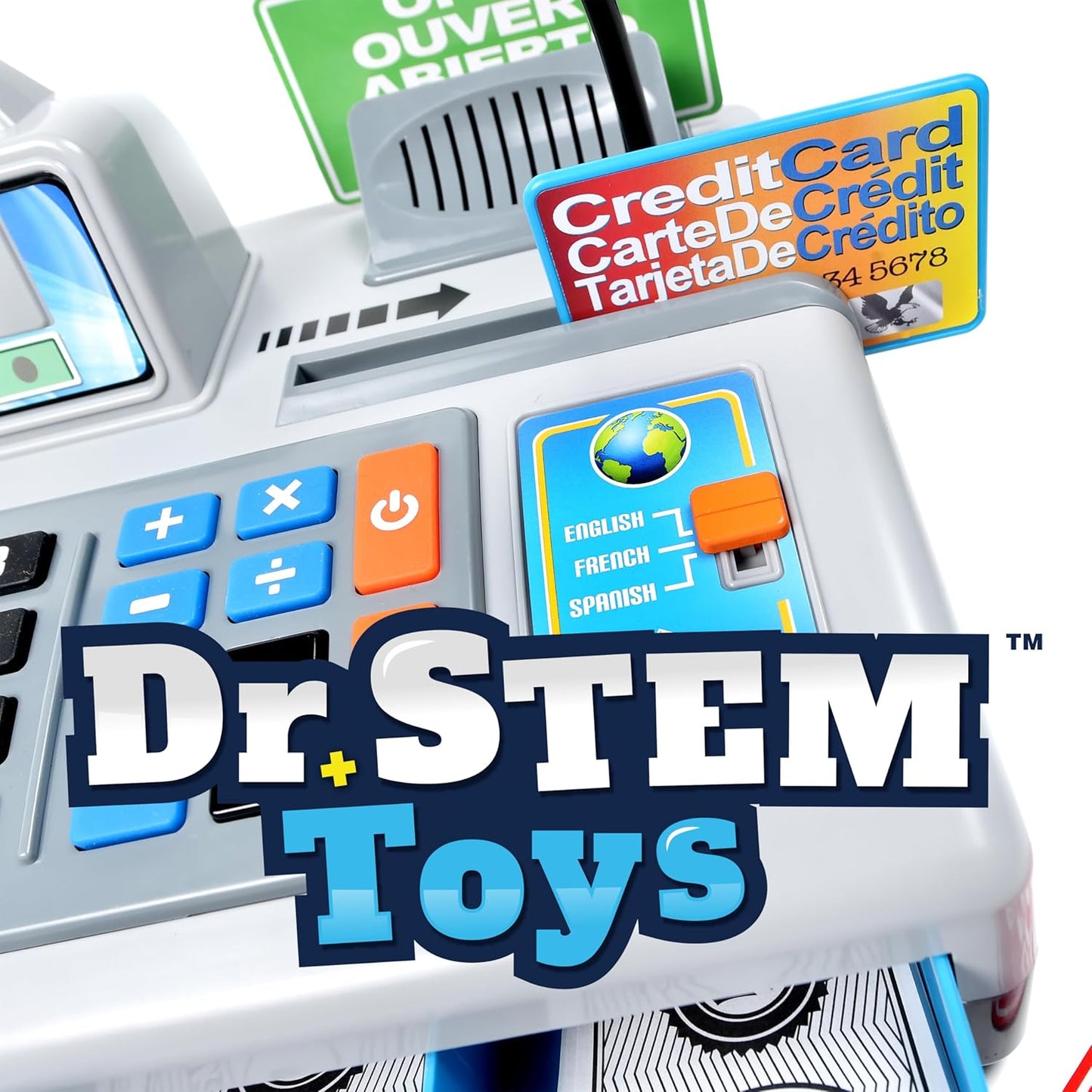 Dr. STEM Toys Talking Toy Cash Register, STEM Learning 69 Piece Pretend Store with 3 Languages, Paging Microphone, Credit Card, Bank Card, Play Money and Banking for Kids (Silver)