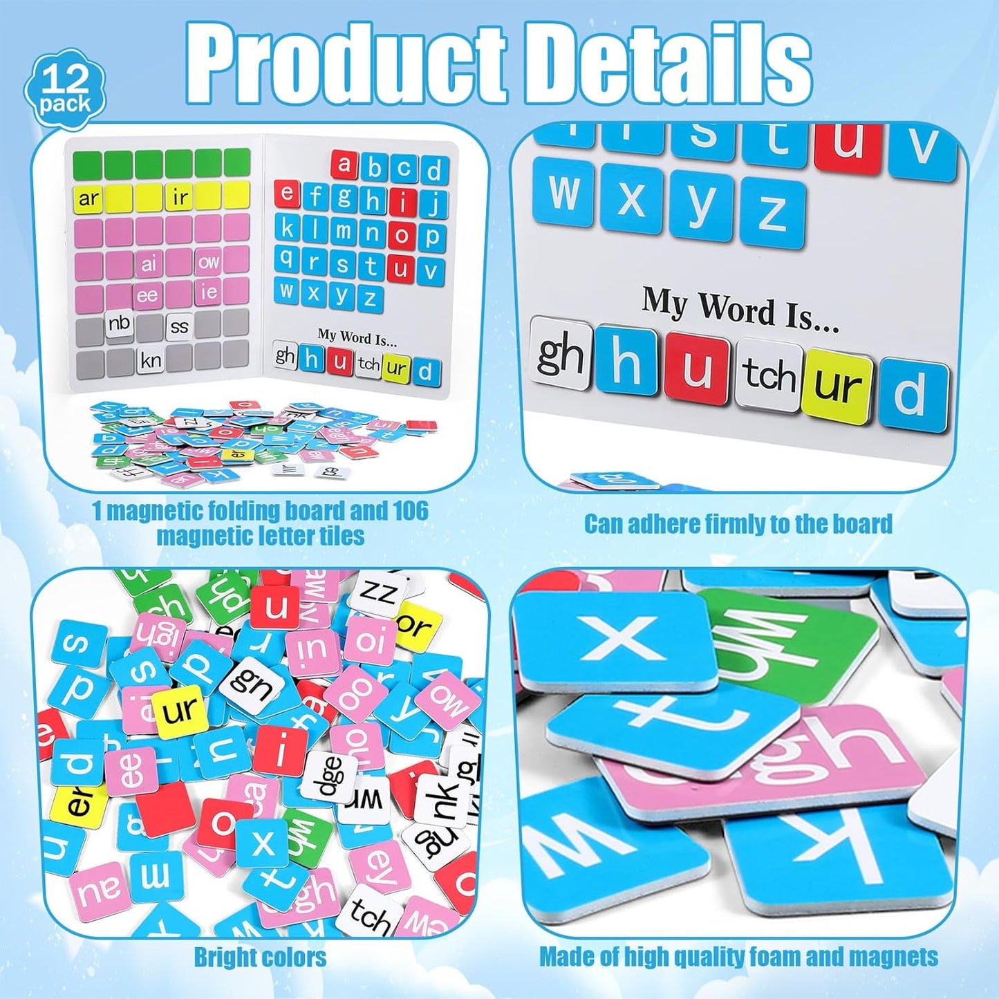 Ireer 6 Set Phonics Magnetic Letter Tiles Set Spelling Reading Games Board Manipulative Phonemic Awareness Sentence Building Alphabet ABC Fridge Magnets Homeschool Classroom Learning Activity