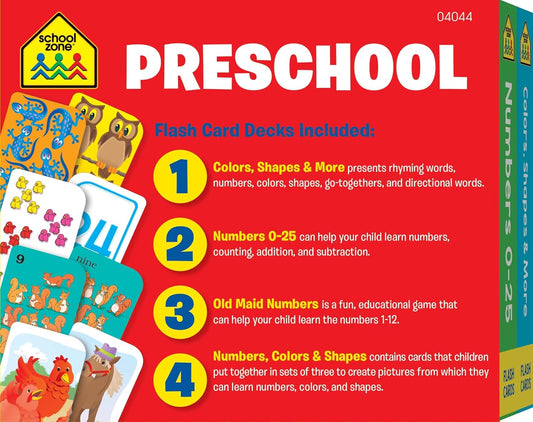 School Zone Preschool 4-Pack Flash Cards: 224 Cards, Pre-K, Colors, Shapes, Numbers 0-25, Old Maid Numbers, Kids Game Cards, Puzzle Cards, Counting, Rhyming Words, Readiness Skills, Ages 4+