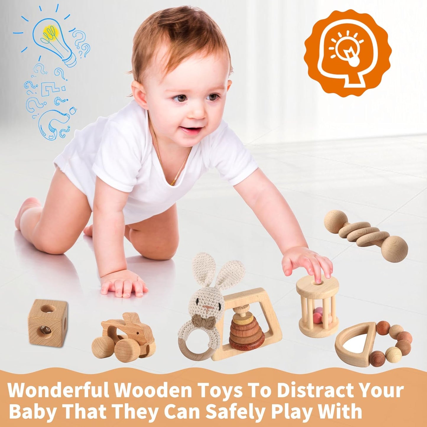 Wooden Rattles for Baby, 7PCS Wooden Montessori Toys for 7-24 Months Baby Boy Girl, Natural Beech Wood Grasping Toy, Gift for Babies