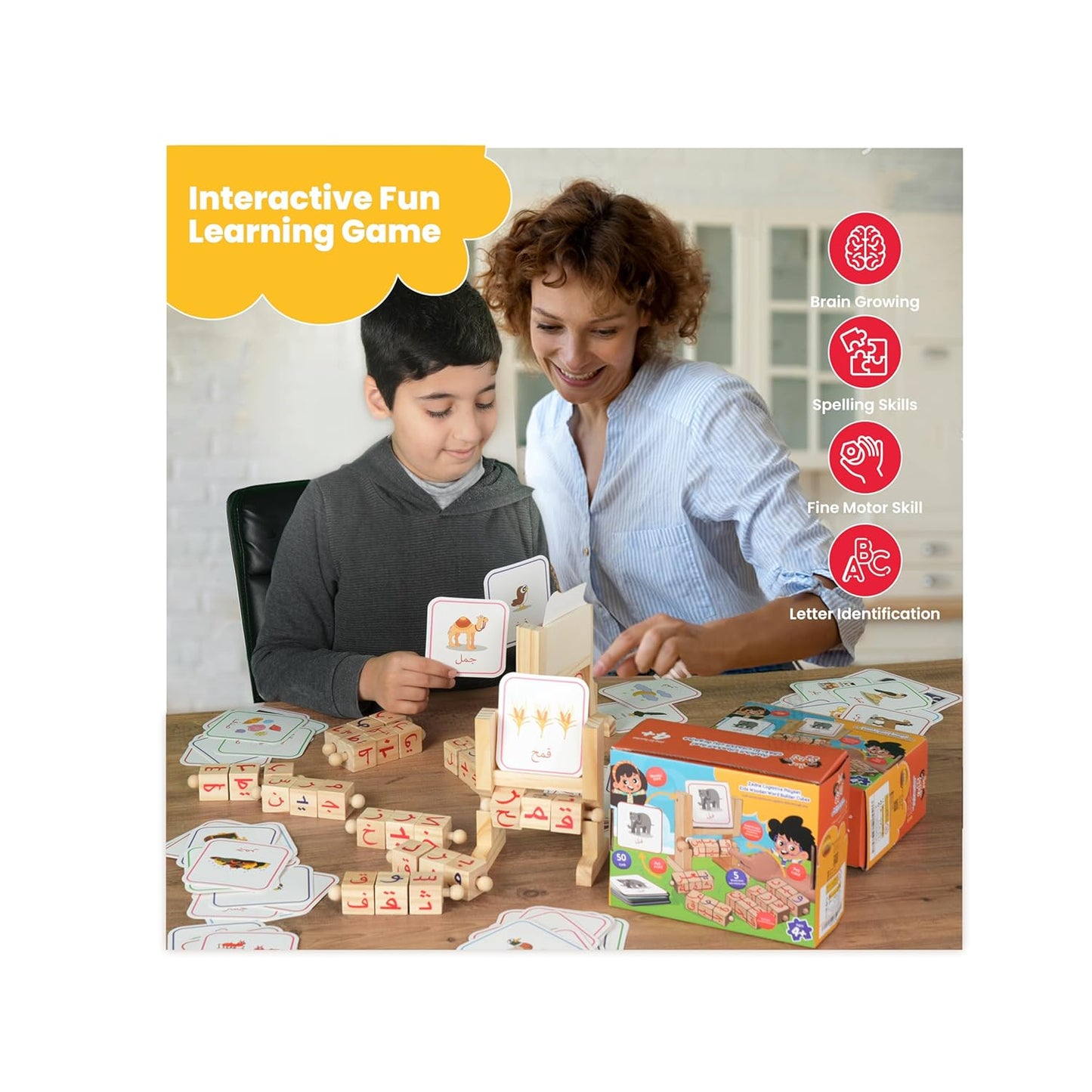 Rotating Letter Cubes Word Builder with 50x Illustrated Cards - Learn to Read Arabic, Form Words, Build Arabic Vocabulary