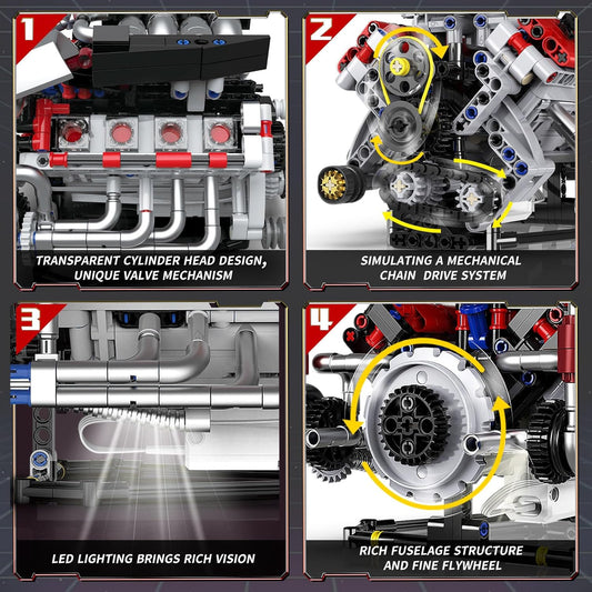 V8 Engine Model Kit that Run, 8-Cylinder Car Engine Building Blocks Set, Build Your Own STEM Engineering Kit that Work with LED Light and APP Control, Collections Set for Age 8+/Kids/Adults (700 PCS)