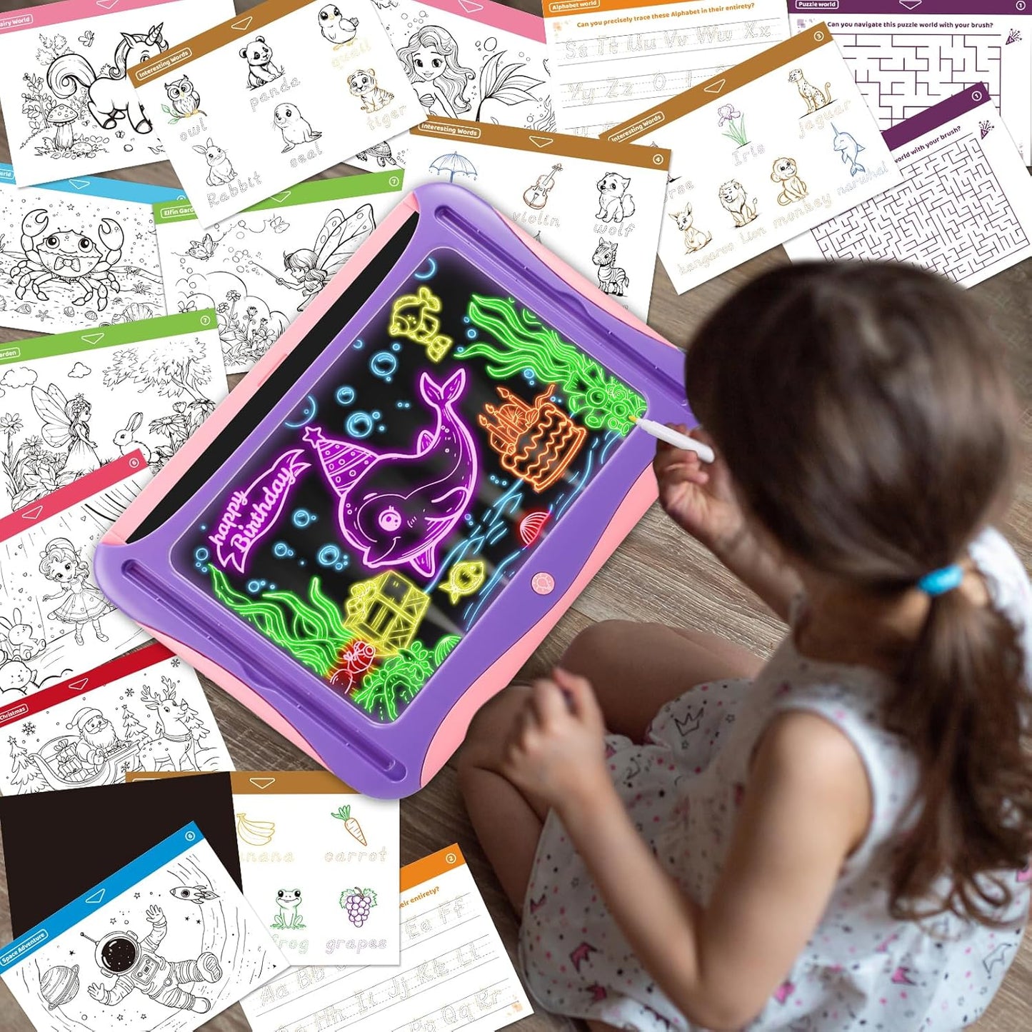 YUBALEER Magic LED Drawing Board for Kids, Toys for Boys Ages 5-7, Light Up Tracing Pad with 9 Double-Sided Cards, 6 Washable Pens, Glow Up Toys for Kids 4-6 Year Old Christmas Birthday Gifts