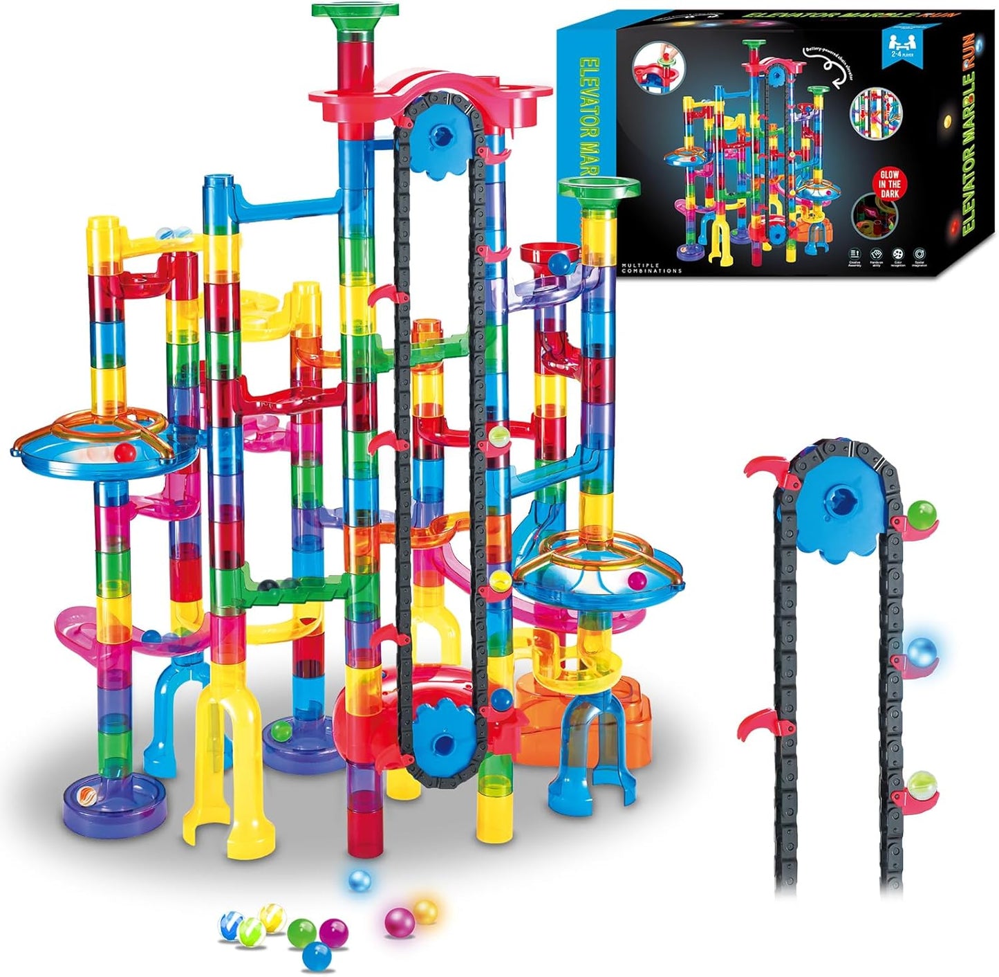 Tucrae 224 PCS Marble Runs Toys with Automatic Elevator Glowing Marble Maze Building Set STEM Puzzle Toys for 3 4 5+ Boys & Girls Children's Day, Christmas Easter Gifts(Containing 60 Marbles)