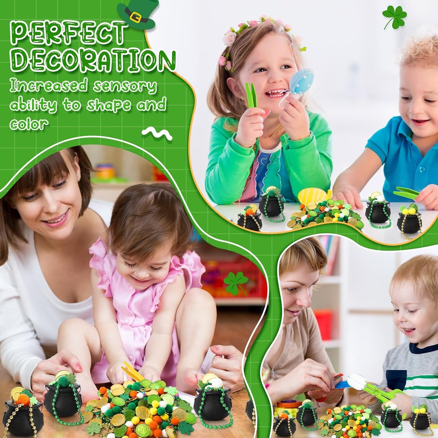 Foilswirl 436 Pcs St. Patrick Sensory Bin Filler Fine Motor Toys Include 4 Tweezers 2 Scissors Clips 200 Pom Poms 4 Cauldron Pot 60 Plastic Coins 6 Necklace 160 Shamrock Stickers for Sorting Counting