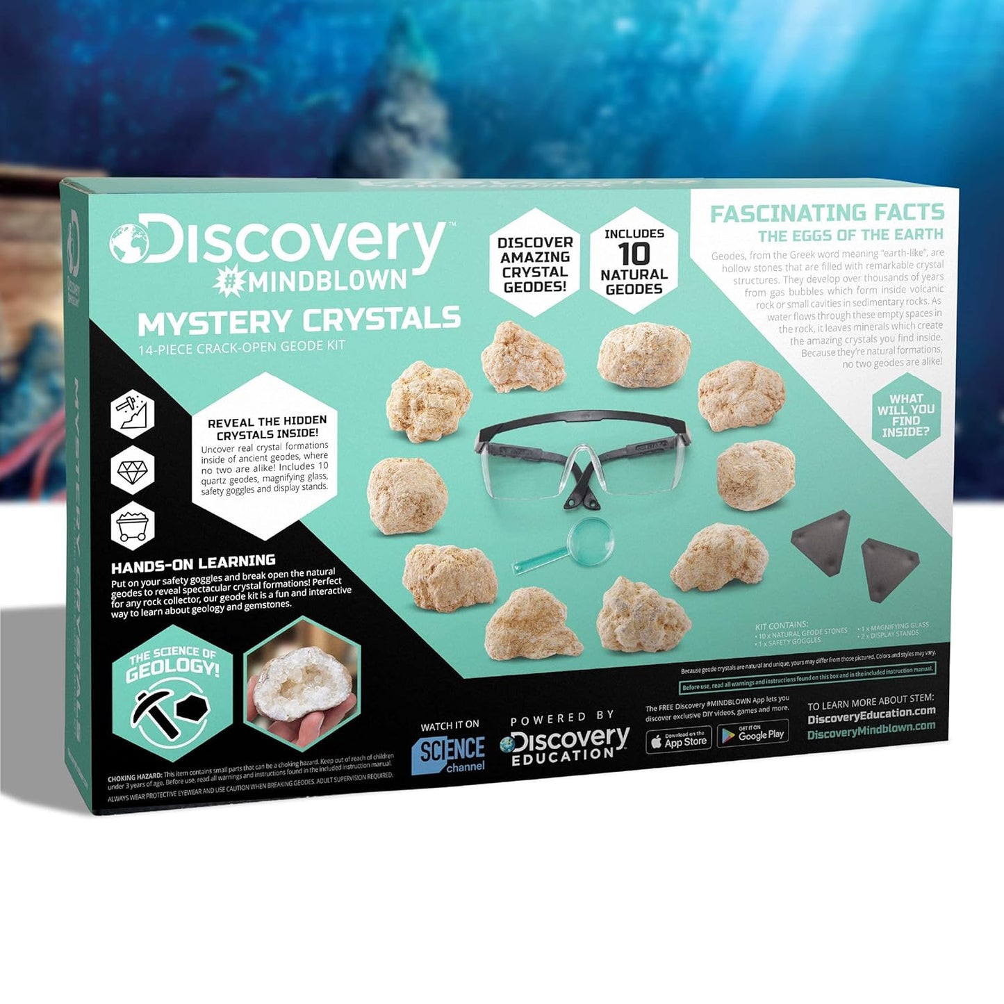 Discovery™ Mystery Crystal Geode Kit – Crack Open 10 Real Quartz Geodes| Includes Goggles, Magnifying Glass & Display Stands| Educational STEM Geology Toy for Kids| Science Activity Set Gift| Ages 6+