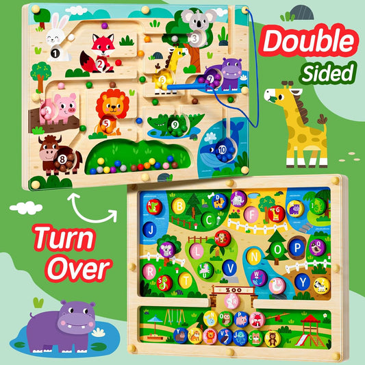 rifamee 2 in 1 Magnetic Color and Number Maze Magnet Alphabet Counting Double Sided Board Wood Puzzle Fine Motor Skills Montessori Preschool Toys Gifts for Boys and Girls 3-5 Age (Zoo, One Size)