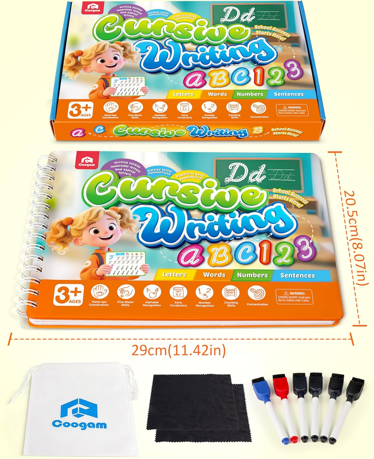 Coogam Magic Practice Copybook for Kids Age 3-12, Dry-Erase Writing Practice Book - Cursive Handwriting Aid With Alphabet Nmubers Words Sentences for Children and Beginners