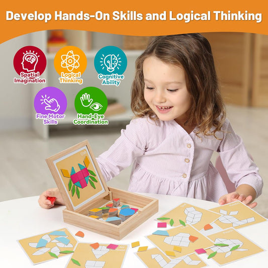 130 Pcs Wooden Magnetic Pattern Blocks Set, Montessori Tangram Puzzle with Pattern Cards & Storage Box, STEM Educational Toy for Toddlers & Kids Ages 4–8, Creative Gift for Boys & Girls