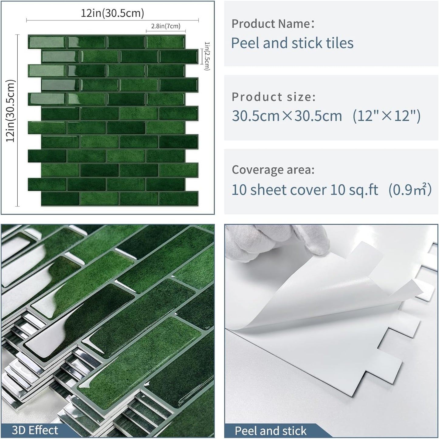 Thick Green Peel and Stick Tile Backsplash 12"x12" Self Adhesive Wall Marble Tiles for Kitchen (10-Sheet)