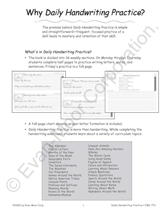 Evan-Moor Daily Handwriting Practice Contemporary Cursive, Kindergarten-Grade 6, Homeschooling and Classroom Resource Workbook, Penmanship, Writing, Letter Placement, Spacing, Alphabet Synonyms