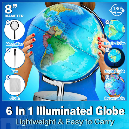 POOCCI 6 in1 Illuminated Large World Globe for Kids & Adults All Ages High Clear Map 12inch, Illuminates Educational Interactive STEM Toy, Light Up Kids Globe Lamp,Gifts For Boys And Girls