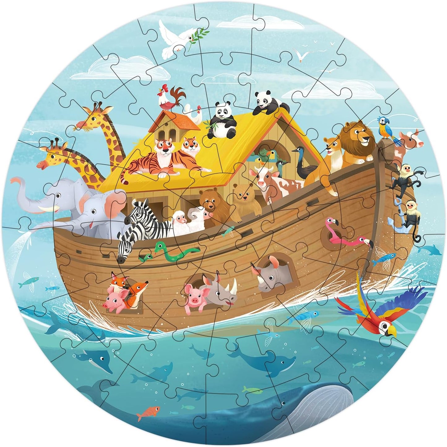 Wooden Noah's Ark Puzzle for Kids Ages 4-8, Large 48 Piece Round Floor Puzzles for Kids Ages 3-5, Christian Bible Religious Wooden Jigsaw Puzzle for 3 4 5 6 7 8 Year Old