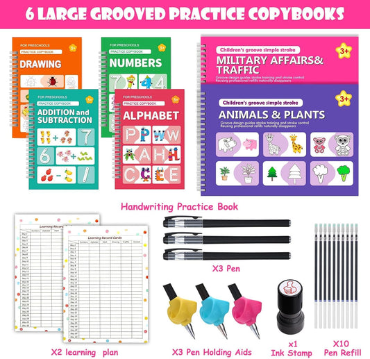 6 Pack Magic Grooved Writing Practice Books for Kids,Reusable Handwriting Practice with Pen,Pencil Grisp,Cute Seal and Learning Schedule ,Pecfect Tracing Copybook for Kindergarten Preschool Age 3-8
