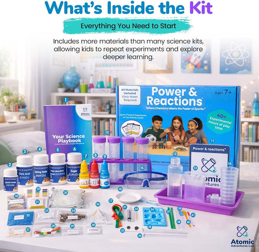 Power & Reactions Chemistry Kit - 40+ STEM Educational Science Experiments for Kids Ages 7-12 with Periodic Table Cards & All Tools, Hands-On Learning Activities for Boys & Girls