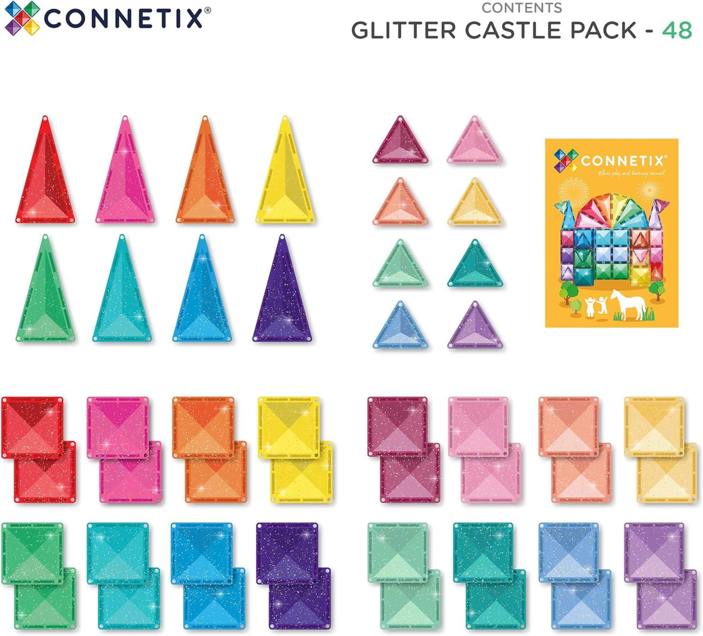 CONNETIX Magnetic Tiles Glitter Castle Pack, 48 Pieces