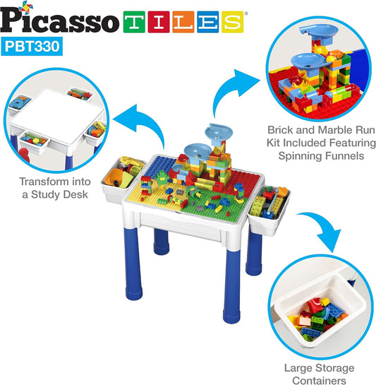 PicassoTiles Kids Activity Center Play Table & Study Desk Set Sandbox Water Tight Container Storage All-in-1 STEM Toy Kit Playset with 330pc Dual Size Building Bricks Construction Blocks Marble Run