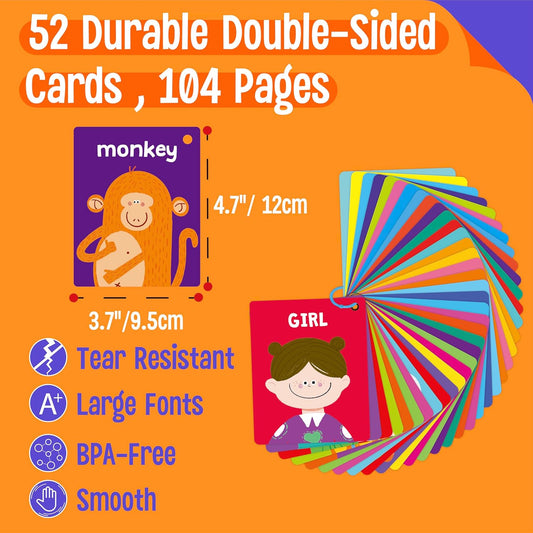 50 PCS Kid First Cognitive Flashcards,Double Sided Printed 7 in 1 Colorful Cards Alphabet,Numbers, Foods,Animals,Shapes,Colors with 3 Reclosable Rings,Learning Tool for Pre-K Kindergarten Toddlers