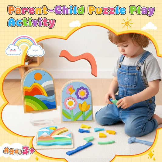 Montessori Wooden Shape Puzzles - Color Matching & Cognition Fun for Kids Over 3 Years Old, with Rainbow Blocks & Themes, Fine Motor Skill Building Toys & Gifts (3 Pack Colorful)
