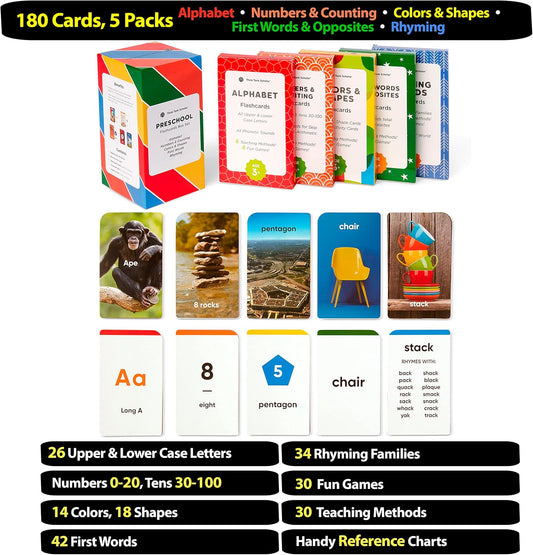Award-Winning Flash Cards for Preschool & Kindergarten – 5-Deck Set, 180 Jumbo Cards – Learn Alphabet, Numbers, Colors, Shapes, First Words, Opposites & Rhyming – for Kids Ages 2–5