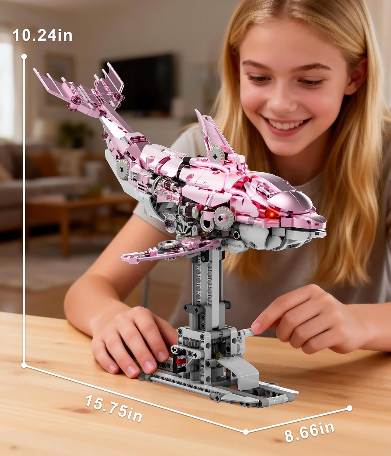 Moving Mechanical Dolphin Building Set - Hand Crank Model Kit with Swimming Tail, Movable Jaw & Glowing Lights | STEM Educational Toy & Unique Desk Decor for Ages 8+, Adults, Blue