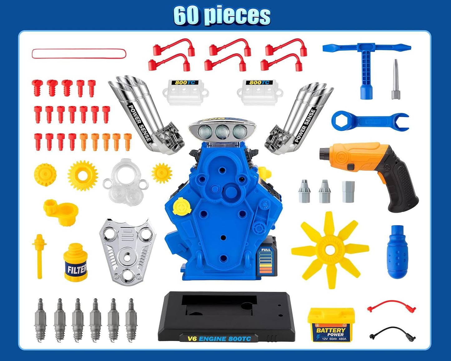 POFJOEQ Engine Building Kit, Kids Mechanic Repair Set for Kids Motorcycle Engine,Take Apart Toys-42pc Playset,STEM Engine Model Kit Toy with Cool Lights&Sounds,Educational Toys for 3+ Year Old (Blue)