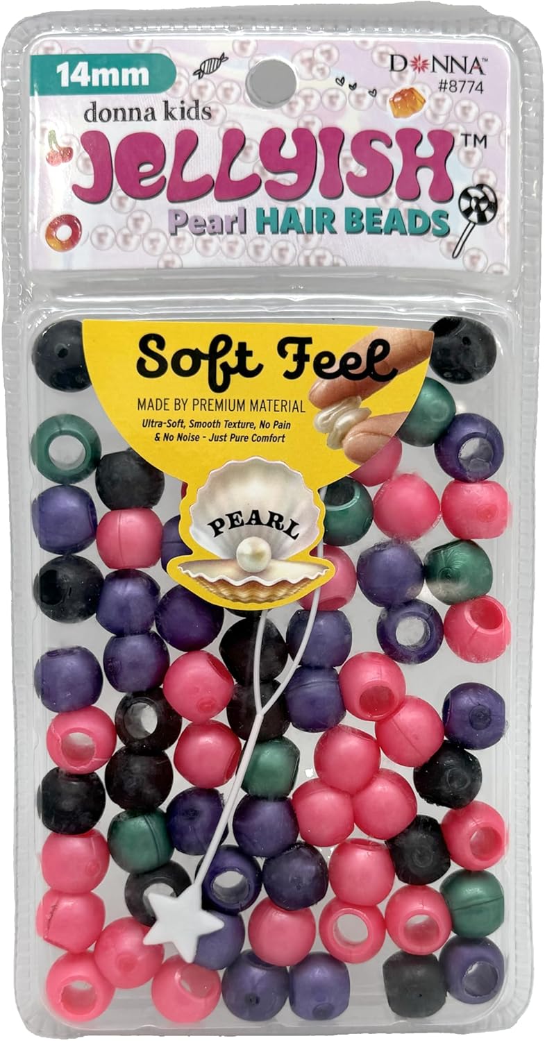 Donna Kids Jellyish Pearl Hair Beads – 14mm Soft Silicone Beads with Threading Tool – Noiseless, Pain-Free Styling for Braids & Ponytails – Comfortable for Girls (Mix)