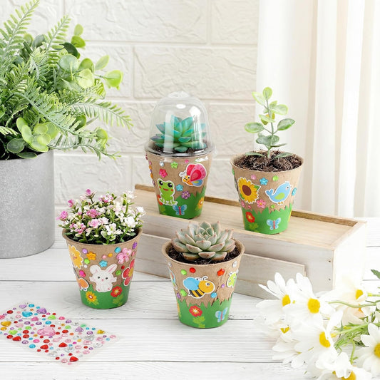 Motipuns Mother's Day Garden Paper Pot Craft Kit Include Plant Flower Peat Pots with Domes 4 Sheet Rhinestones Jewels Stickers and Adhesive Spring Stickers Set for DIY Craft Gifts
