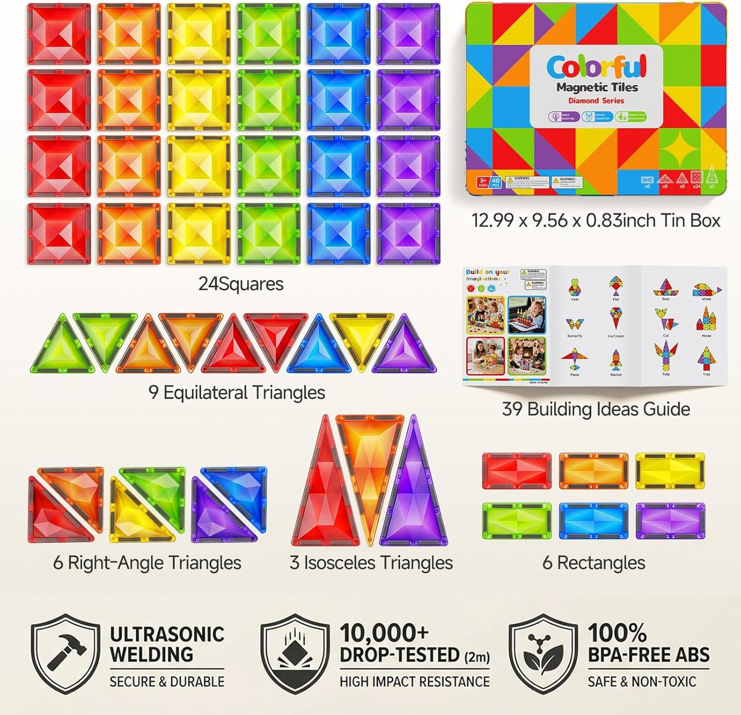 Magnetic Tiles for Kids Gift: 48 PCS Diamond Large Magnet Building Blocks in Storage Tin Box - 7.5cm Big Size 3D STEM Sensory Toy - Boys Girls Age 3-6 Birthday Party