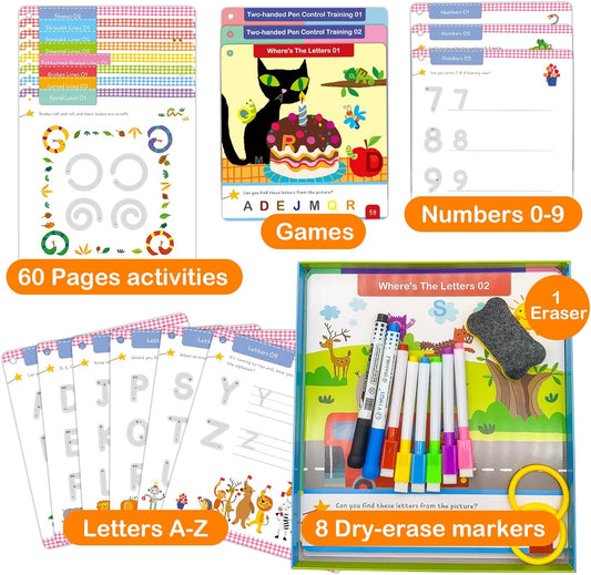 ElitePanda Preschool Learning Activities – 30 Dry Erase Cards (60 Pages), Handwriting Practice & Fine Motor Skills, Letter and Number Tracing for Kids, Learning Toys for Ages 3–5