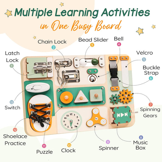 Montessori Busy Board for Baby & Toddlers 1-3 - Wooden Sensory Activity Board with 13 Activities, Real Metal Locks & Latches - Fine Motor Skills Educational Toy for 1 2 3 Year Old - Travel Friendly