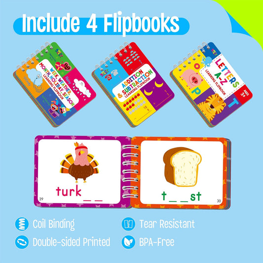 4 Preschool Learning Flipbooks, 96PCS Double Sided Printed Cards Set, Alphabet Letter A-Z, Number 1-20, Feelings and Emotions, Shapes and Colors Mini Board Books Set Early Educational Tool for Kids