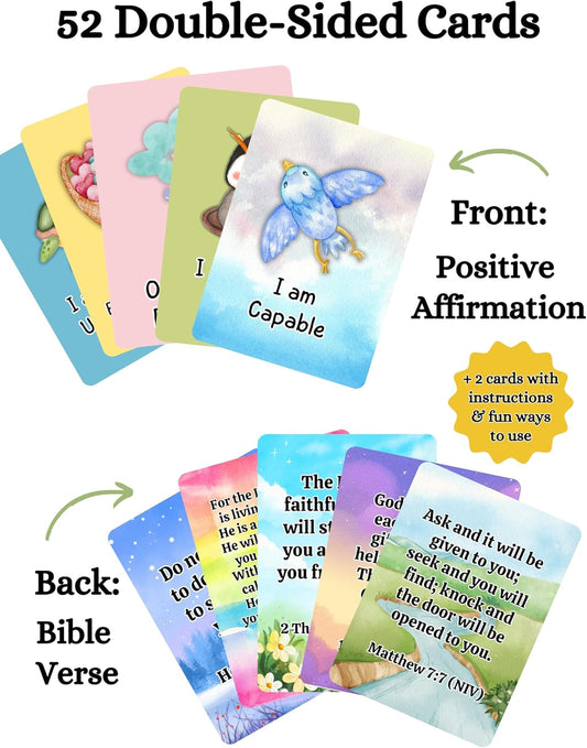 Christian Biblical Affirmation Cards for Kids, 52 Affirmations with Bible Verse on Back, Scripture Memory Cards, Bible Study, Encouragement Gift for Boys and Girls