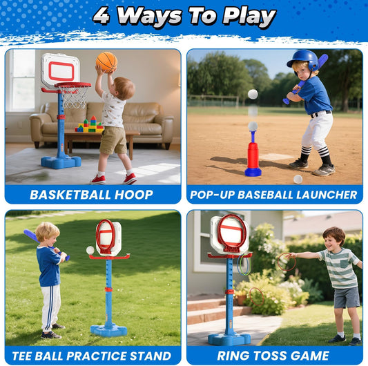 EagleStone 4-in-1 Toddler Basketball Hoop and T Ball Set, Adjustable Height Basketball Hoop,Tee Ball & Ring Toss Toy, Outdoor Indoor Sports Gift for Boys Girls Toddlers Ages 3-8