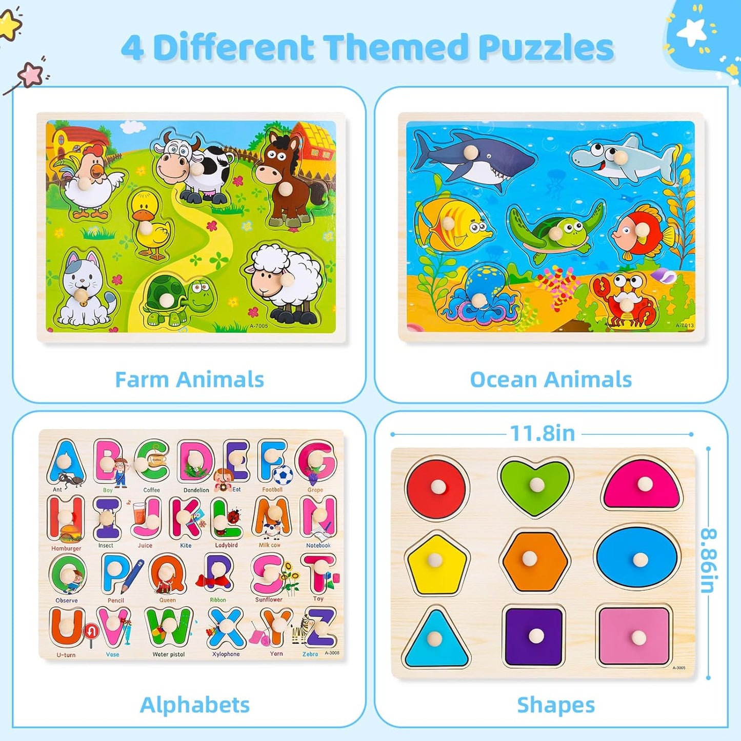 Wooden Peg Puzzles for Toddlers 2 3 4 Year Old, 4 Pack Montessori Toys Preschool Learning Puzzles for Toddlers 1-3 with Animals, Shapes, Alphabet, Wooden Toddler Toys Gifts for Kids Boys Girls