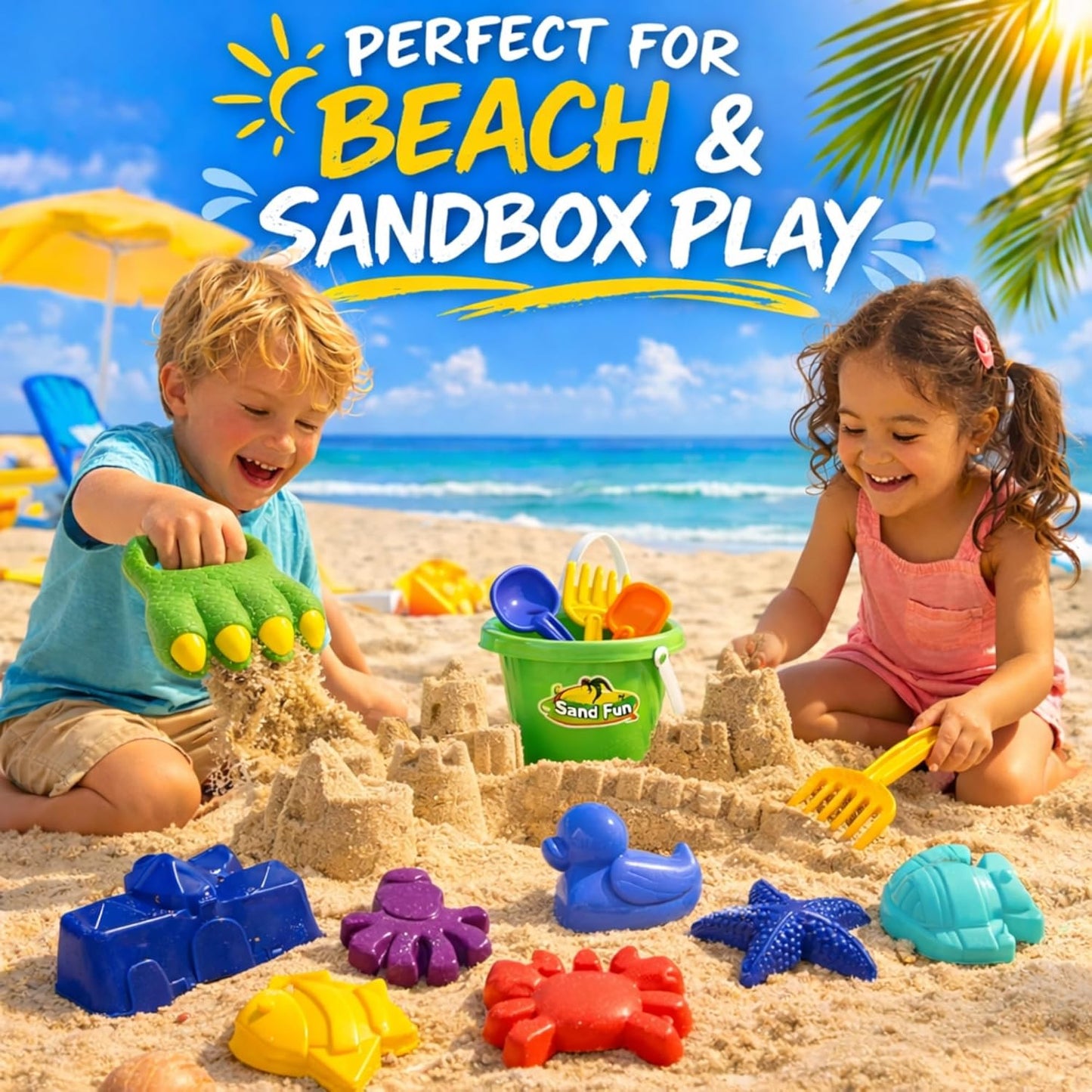 Liberty Imports 13 PCS Beach Sand Toys, Dinosaur Claw Hand Scoop Play Set with Bucket, Shovel Tools, Animal and Castle Sand Molds - Beach Sandbox Toys for Toddlers & Kids
