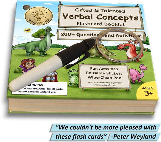 Gifted and Talented Flashcards (Wipe Clean) - Essential Verbal Concepts and Vocabulary; for Pre-K - Kindergarten; 90 flashcards with Over 200 Questions, Stickers, Fun Activities, Games, Pen Included