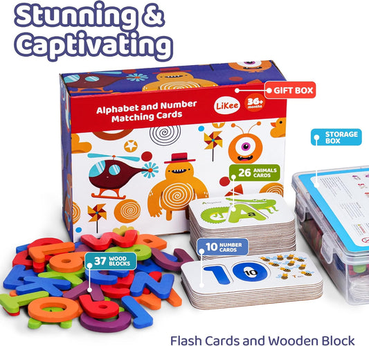 LiKee Alphabet Flash Cards Wooden Letter Puzzle ABC Sight Words Matching Games Counting Board Preschool Educational Montessori Toys for Toddlers Boys Girls 3+ Years (36 Cards& 37 Wood Pieces)