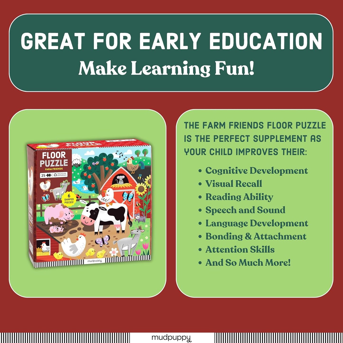Mudpuppy Farm Friends – 25 Piece Floor Puzzle with 6 Barnyard Animal Shaped Pieces Featuring an Adorable Illustration of A Farm