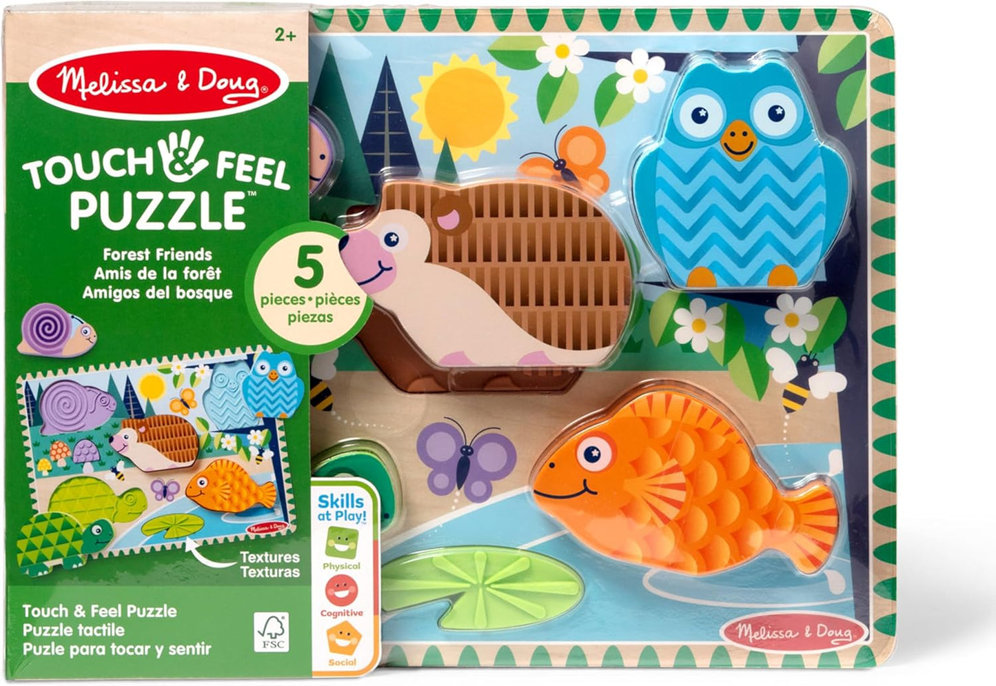 Melissa & Doug Forest Friends Touch & Feel Wooden Puzzle, 5-Piece Chunky Toddler Puzzles with Animals & Textured Silicone Puzzle Board Inlays, Preschool Toys for Girls & Boys Ages 2 and Up