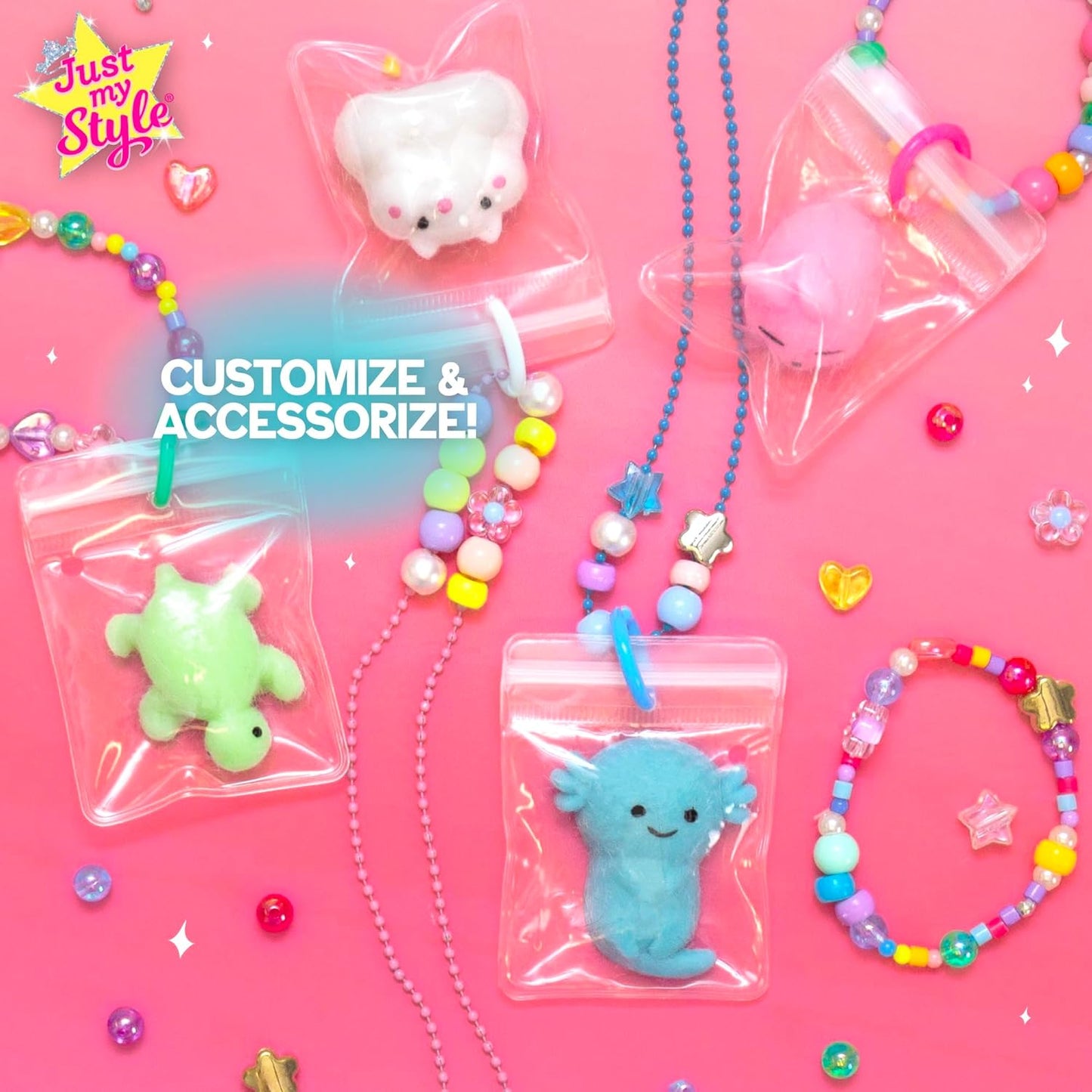 Just My Style Squishy Charms, Create 5 Squishy Bag Charms, Necklaces, Friendship Bracelets with Kawaii TPR Squishies in Pouches & Beads for Jewelry Making, Unique Jewelry Making Kit, Gifts for Girls