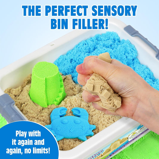 Billeeit 4.4 lbs Play Sand w/Storage Sand Box, 4-Pack(2 Yellow, 1 Blue, 1 Green) Sensory Bin Refill Sand for Shaping, Molding, Pressing, Scooping, Rolling, Self-Sticking Sand Sensory Toy for Kids 3+