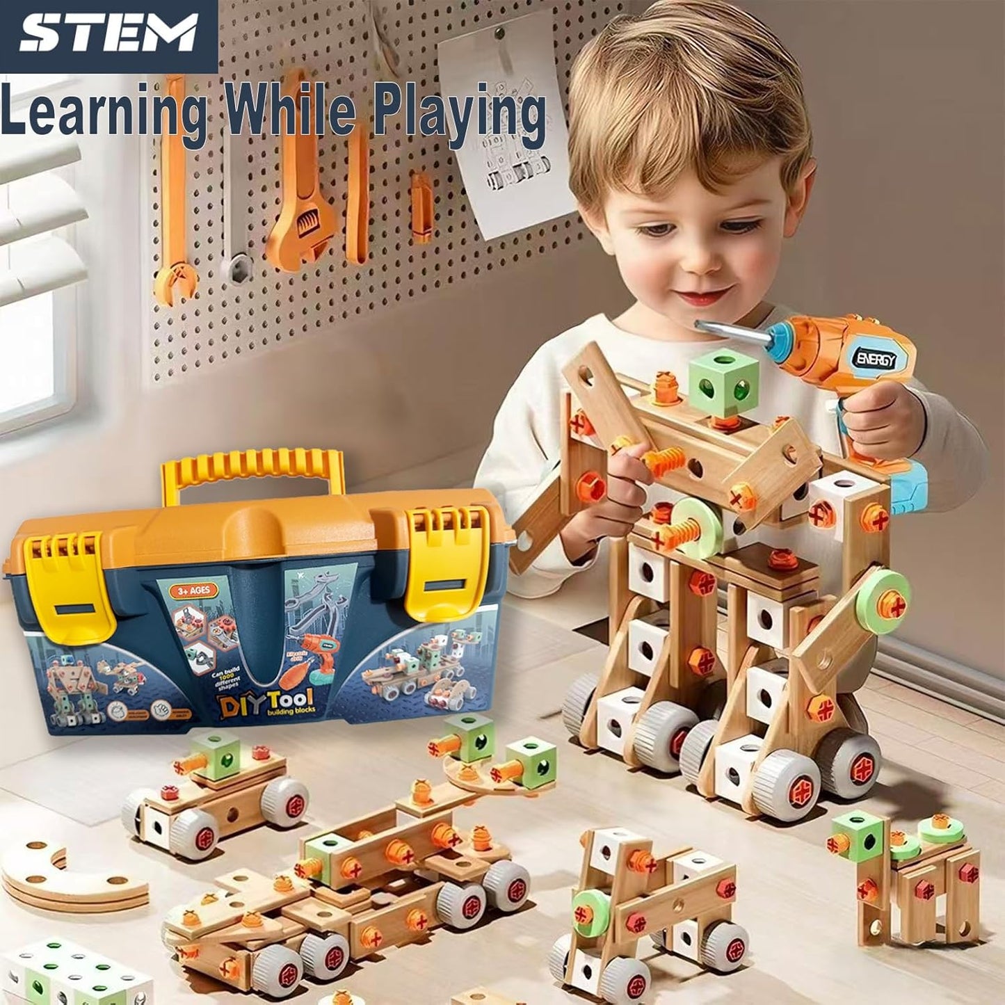 168PCS Kids Tool Set with Toy Drill & Toolbox, STEM Construction Building Toys, Toddler Tool Kit for Kids Boys Girls Ages 3-4-5-6-7-8, Pretend Play Design & Drill Set