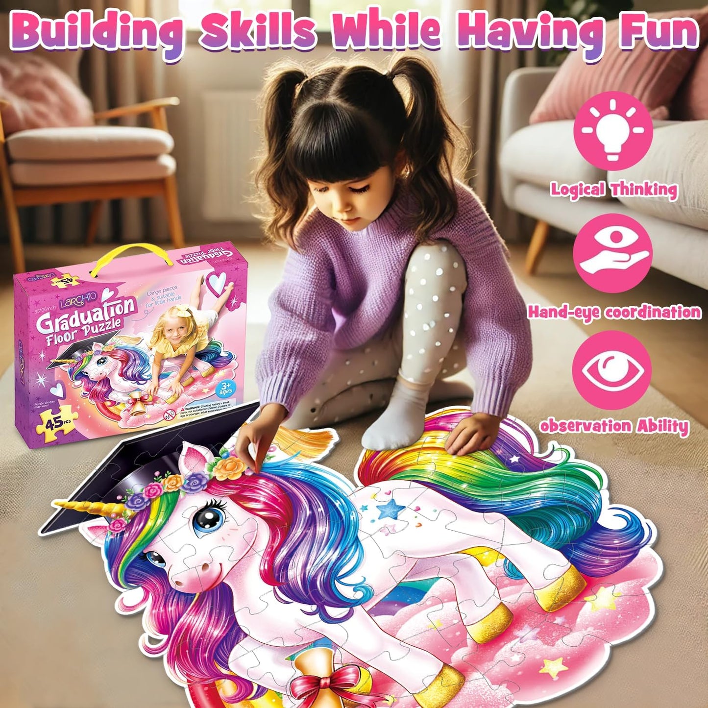Snowman Floor Puzzle for Kids Age 4-8, 45PCS Jumbo Christmas Jigsaw Puzzle, Large 25.6" x 36.2" Winter Puzzle with Poster, for Kid Boy Girls