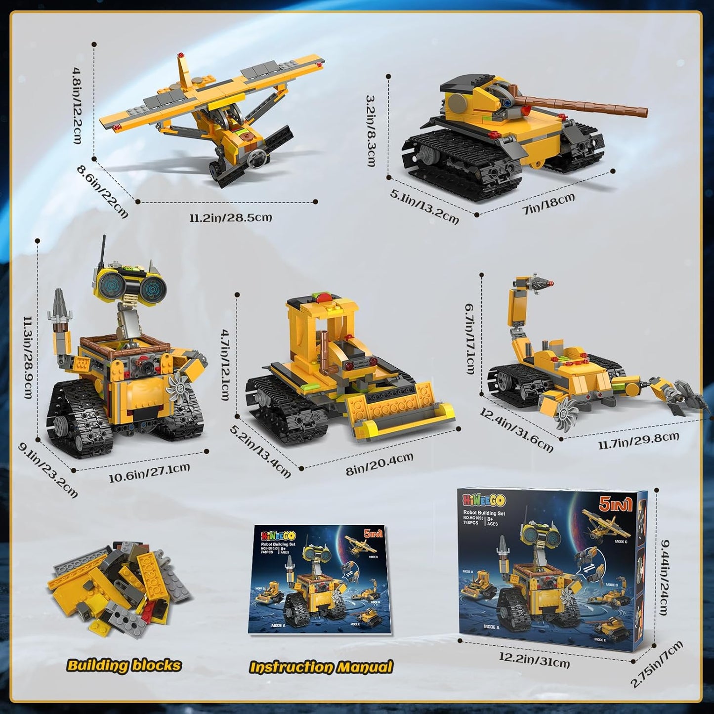 HiWEEGO Robot Building Sets for Kids - 5 in 1 Wall Robotic Kit, 748 PCS Robot with Interchangeable Arms Bulldozer Plane Building Block Toy Model for Boys Girls 8-12 Easter Home Decor